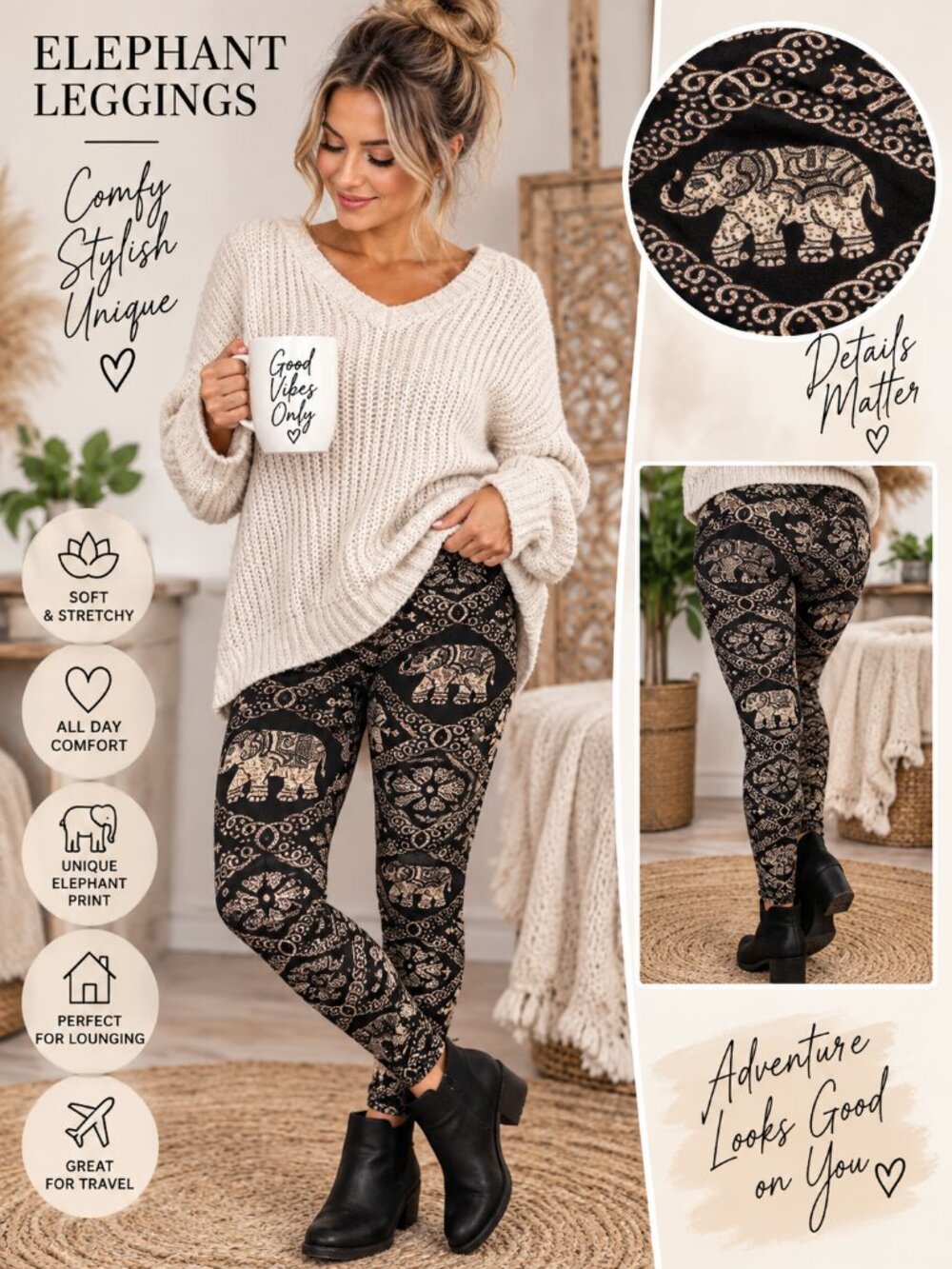 Just Cozy Black Tan Elephant Print Fleece Lined Leggings M/L